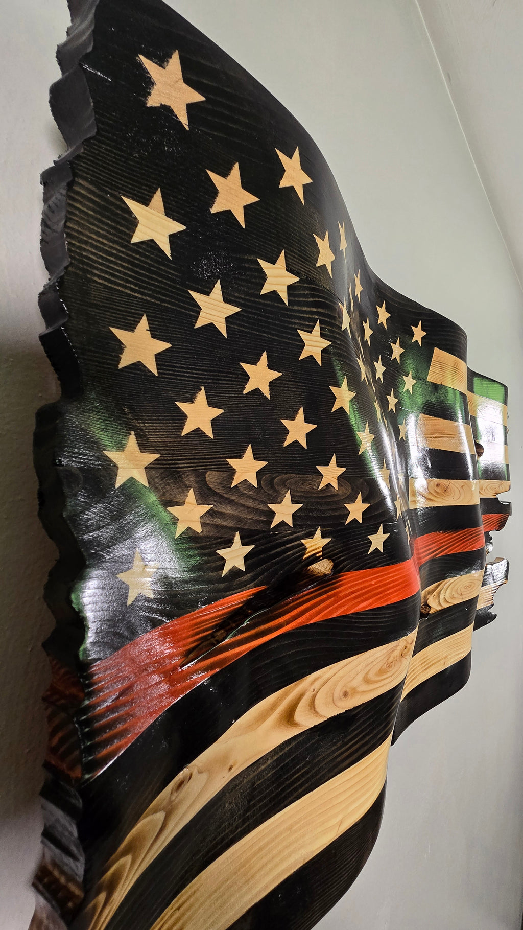 Thin Red Line Wavy American Battle Flag | Hand-Carved Wooden Flag | Firefighter & First Responder Tribute