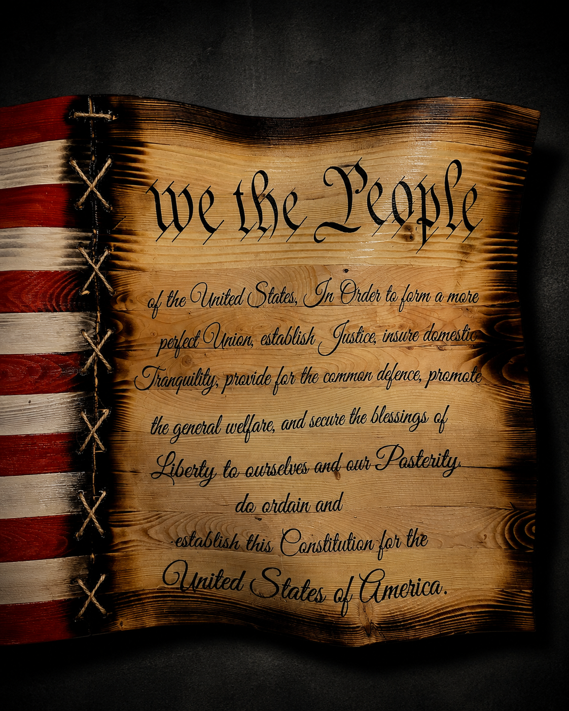 Handcrafted "We the People" Wavy Wooden American Flag