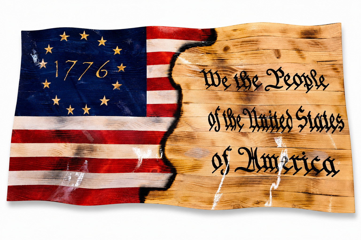 A rustic wooden wall art plaque featuring a split design: the left half shows a distressed blue American flag with 13 stars and the year 1776, and the right half is a natural wood panel with black gothic text reading 'We the People of the United States of America.'.