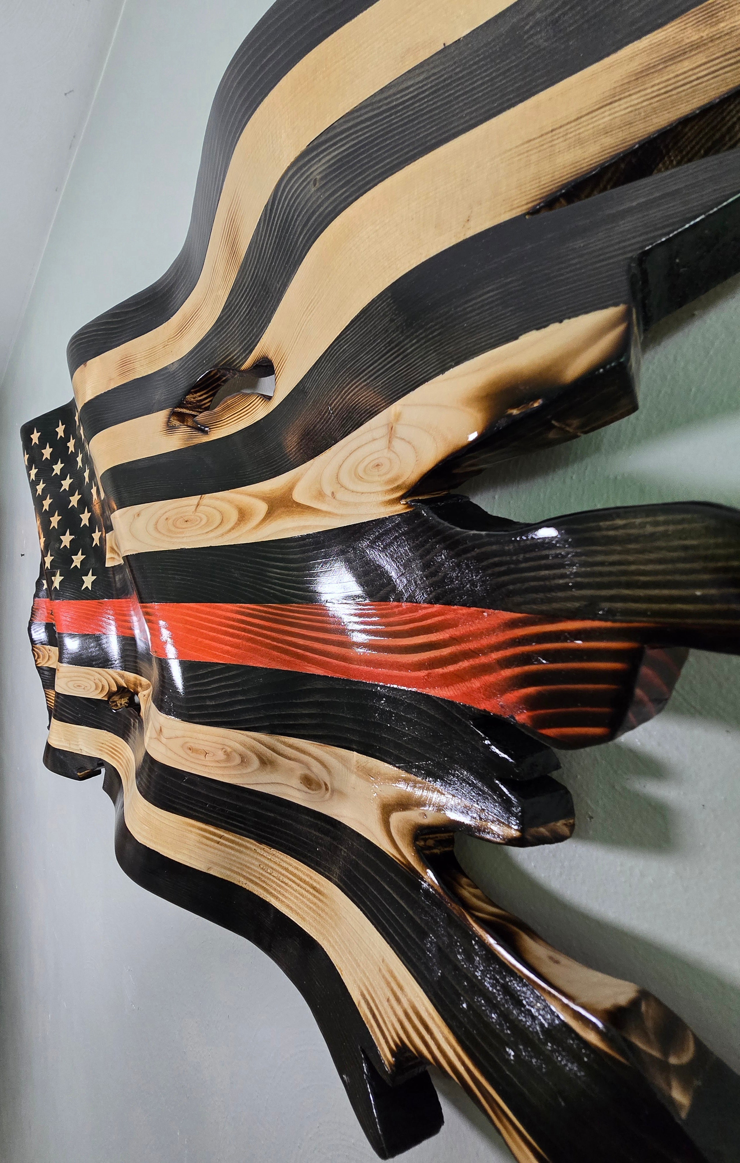 Thin Red Line Wavy American Battle Flag | Hand-Carved Wooden Flag | Firefighter & First Responder Tribute