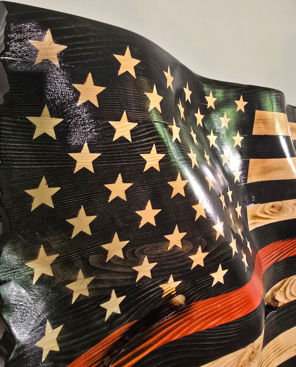 Thin Red Line Wavy American Battle Flag | Hand-Carved Wooden Flag | Firefighter & First Responder Tribute