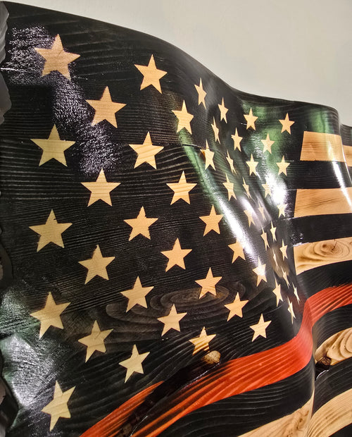 Thin Red Line Wavy American Battle Flag | Hand-Carved Wooden Flag | Firefighter & First Responder Tribute