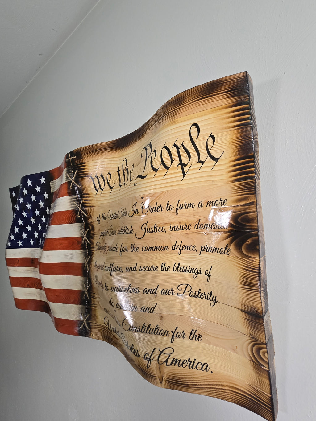 Handcrafted "We the People" Wavy Wooden American Flag