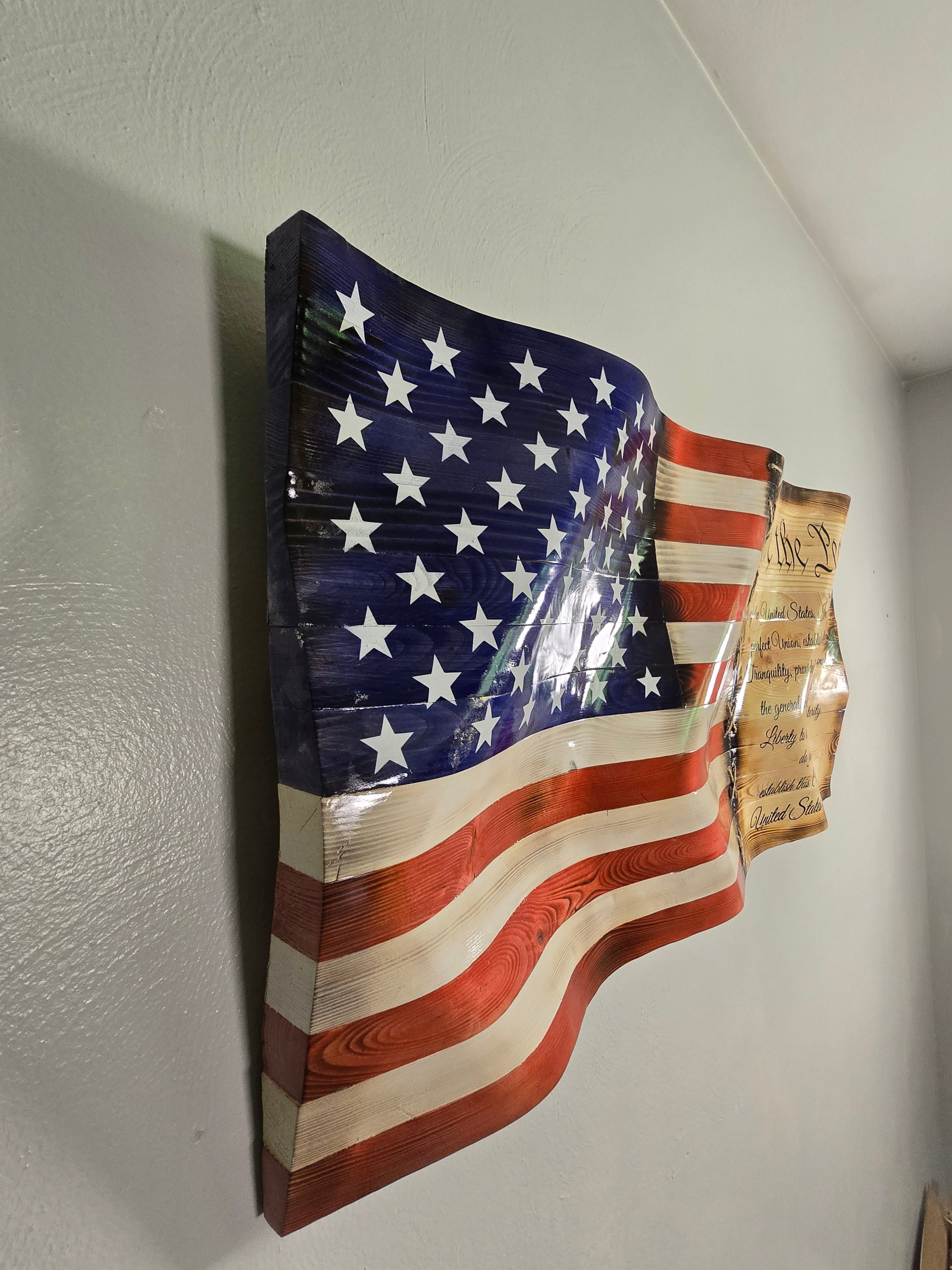 Handcrafted "We the People" Wavy Wooden American Flag