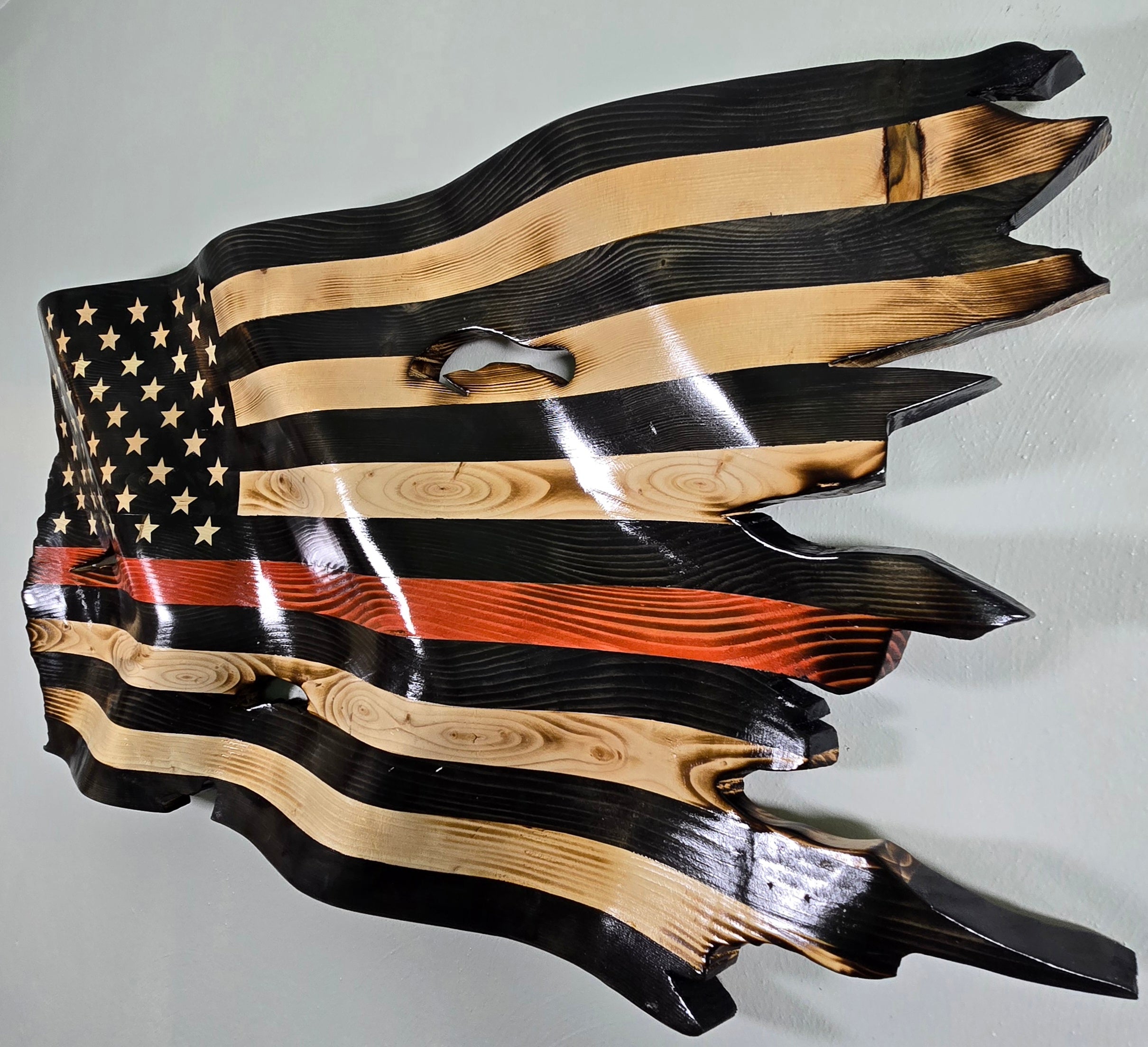 Thin Red Line Wavy American Battle Flag | Hand-Carved Wooden Flag | Firefighter & First Responder Tribute