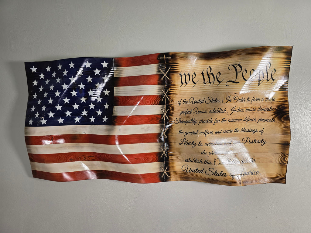 Handcrafted "We the People" Wavy Wooden American Flag