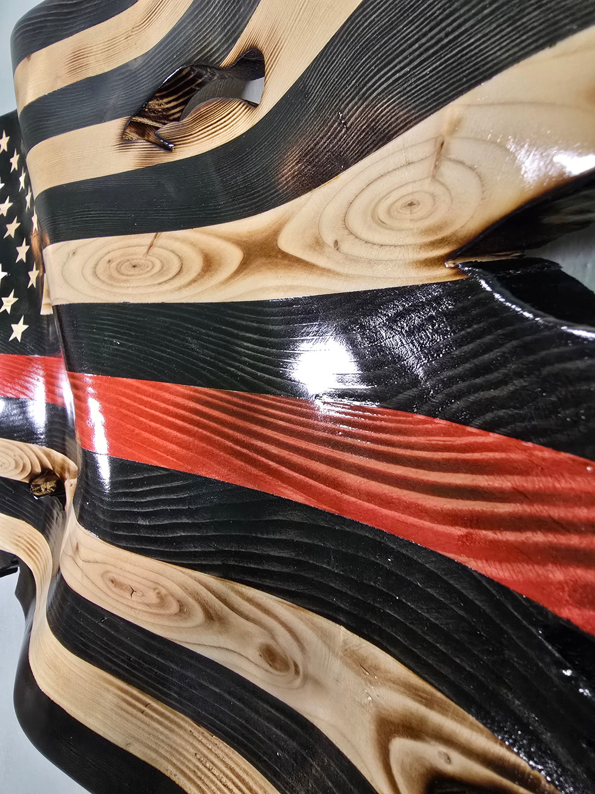 Thin Red Line Wavy American Battle Flag | Hand-Carved Wooden Flag | Firefighter & First Responder Tribute