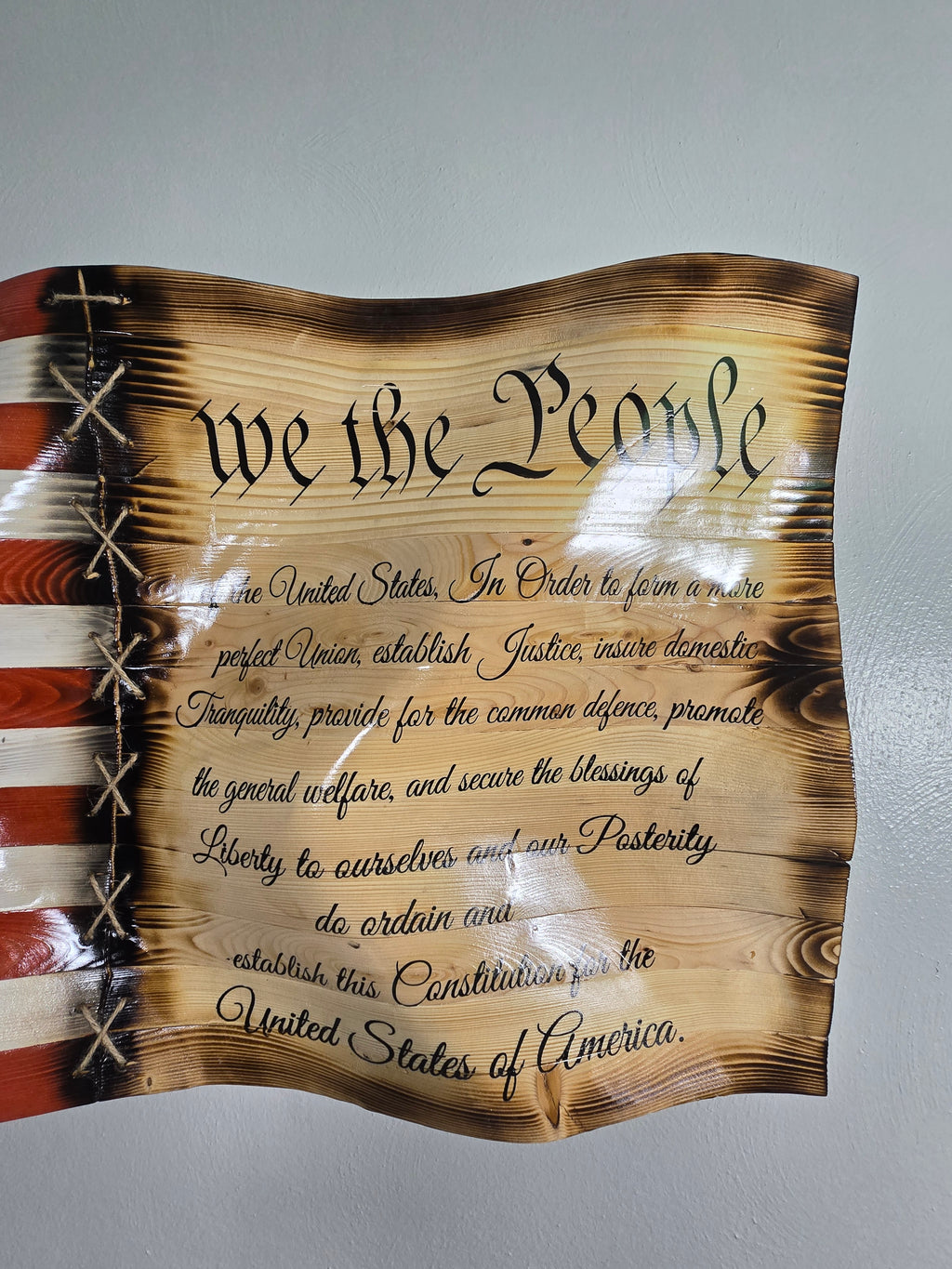 Handcrafted "We the People" Wavy Wooden American Flag