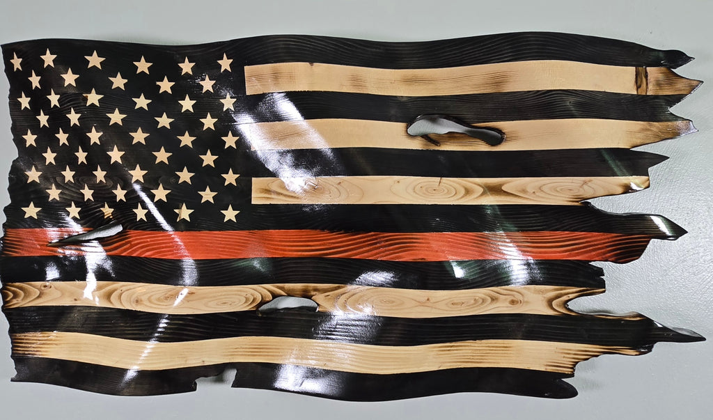 Thin Red Line Wavy American Battle Flag | Hand-Carved Wooden Flag | Firefighter & First Responder Tribute