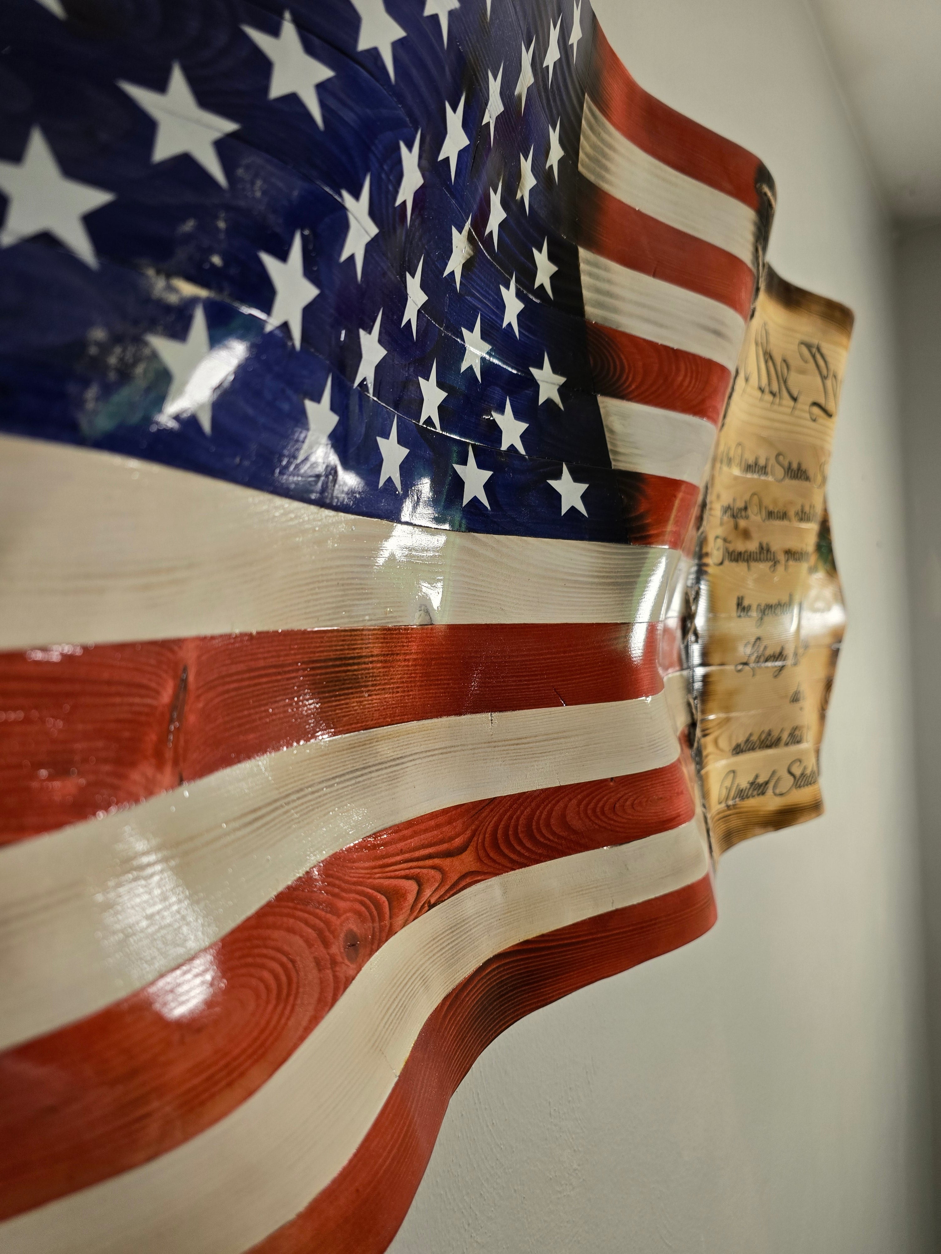 Handcrafted "We the People" Wavy Wooden American Flag