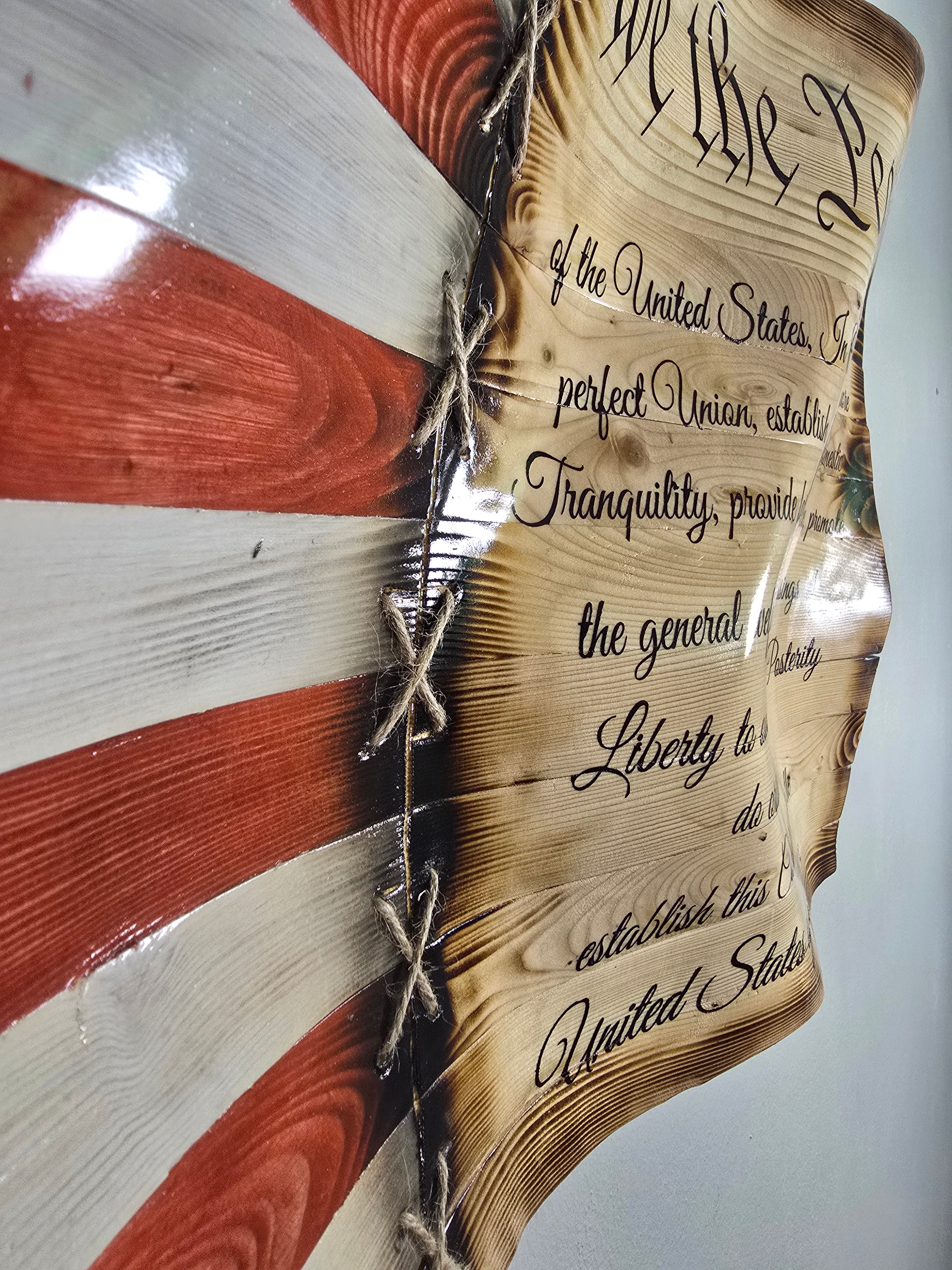 Handcrafted "We the People" Wavy Wooden American Flag