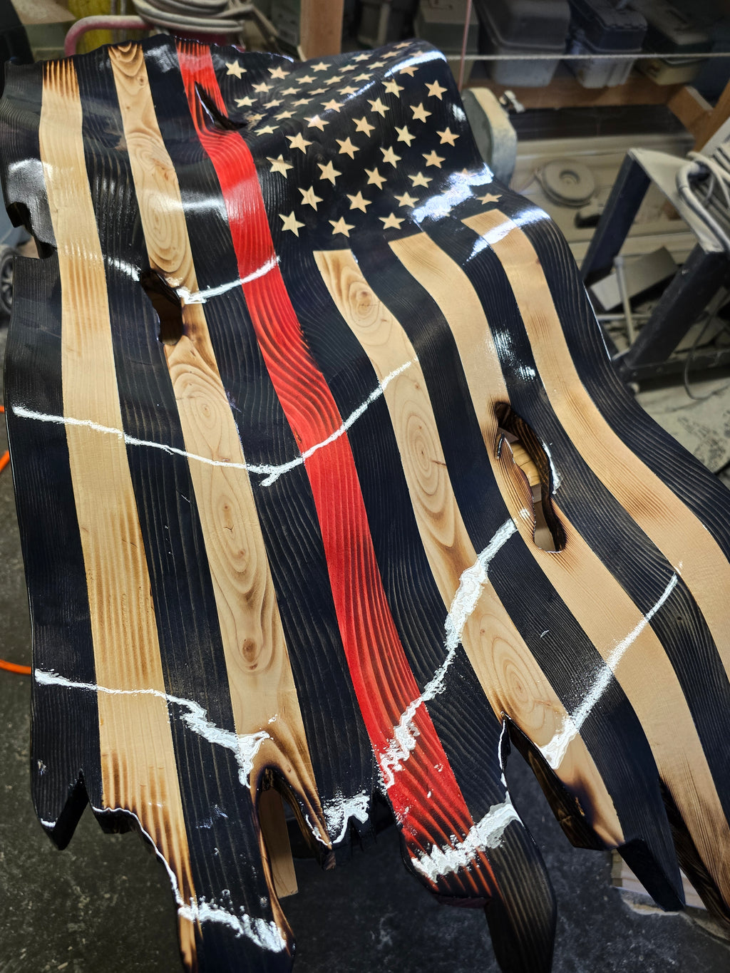 Thin Red Line Wavy American Battle Flag | Hand-Carved Wooden Flag | Firefighter & First Responder Tribute